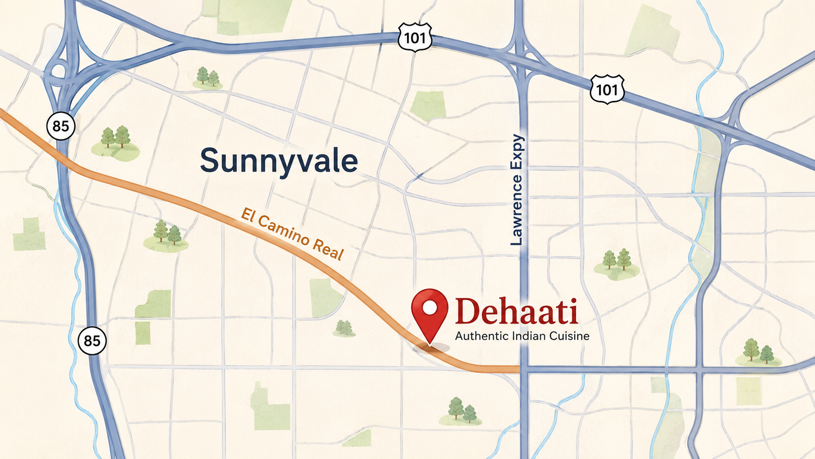 Map showing Dehaati on El Camino Real, Sunnyvale CA near Highway 101 and 85